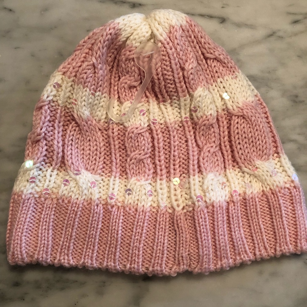 GAP pink and white stripped knit hat with sequins